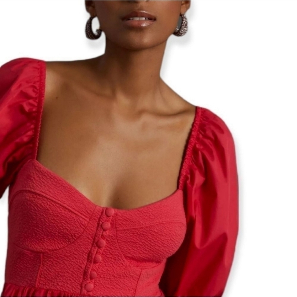 Anthropologie Maeve Puff-Sleeved Sweetheart Mini Dress Red Size Medium - Picture 2 of 10